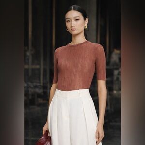 Vince Sheer Ribbed Knit Top Made in Italy Dusty Rose Short Sleeve NWT Size M